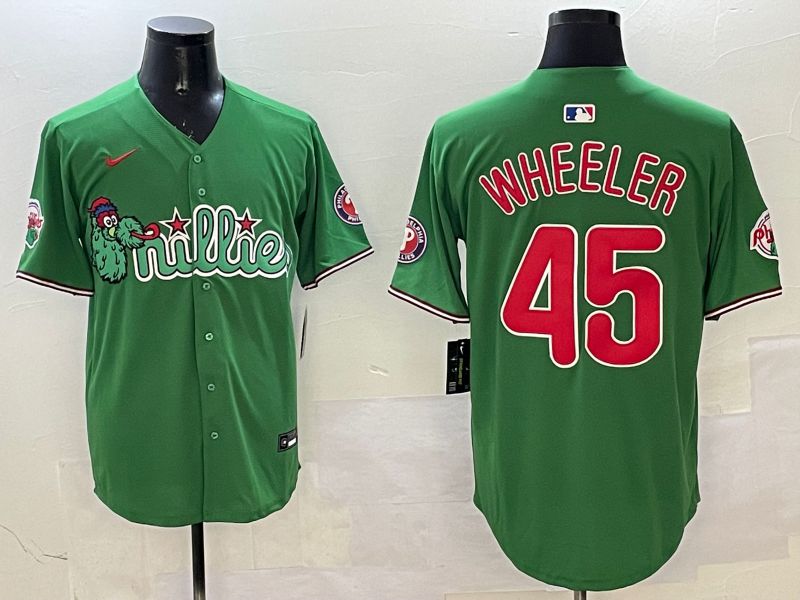 Men Philadelphia Phillies #45 Wheeler Green Three generations Joint Name Game 2025 Nike MLB Jersey style 1